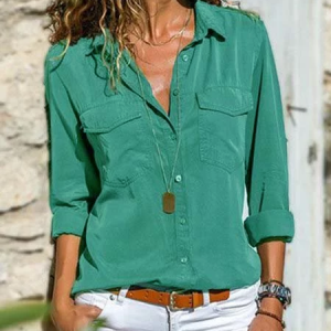 Women Fashion Turn Down Collar Solid聽 V Neck Long Sleeve Shirt, Shirts, color:LightBlue|size:5XL, Noracora