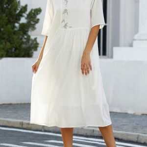 Floral Casual Cotton And Linen Dress, Dresses, color:Light Pink|size:XXL, JustFashionNow