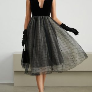 Polka Dots Mesh Party Regular Fit Party Dress, Midi Dresses, color:Black|size:XL, Stylewe