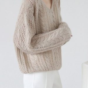 Casual Plain V neck Regular Fit Sweater, Sweaters, color:Apricot|size:One-size, JustFashionNow
