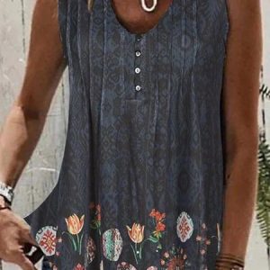 Loose Scoop Neck Casual Floral Tank Top, Tanks & Camis, color:Navyblue|size:XXL, JustFashionNow