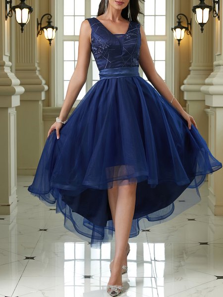 V Neck Mesh Elegant Plain Wedding Guest Dress, Midi Dresses, color:Deep Blue|size:XXL, Stylewe