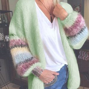 Women Wool/Knitting Striped Long Sleeve Comfy Casual Cardigan, Cardigans, color:Lightgreen|size:XXL, Noracora