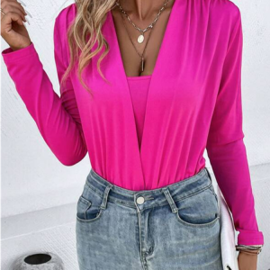 V Neck Plain Casual Regular Fit Shirt, Shirts & Blouses, color:Deep Pink|size:XXL, JustFashionNow