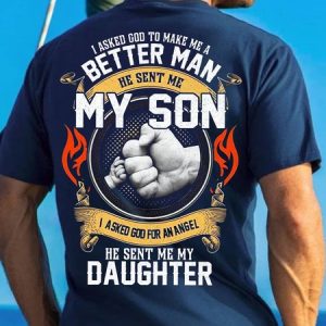 Men's I Asked God To Make Me A Batter Man He Sent Me My Son I Asked God For An Angel He Sentme My Daughter Funny Graphic Printing Cotton Text Letters Casual Crew Neck T-Shirt, T-shirts, Lilicloth.com