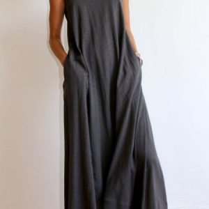 Women's Round Neck Sleeveless Loose Solid Knitting Dress, Maxi, color:Deep Gray|size:XXL, Noracora