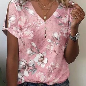 Casual V Neck Floral Loose T-Shirt, T-Shirts, color:Pink|size:4X, JustFashionNow