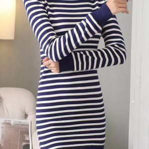 Women Striped Crew Neck Long Sleeve Comfy Casual Midi Dress, Dresses, color:Blue|size:4XL, Noracora