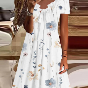Casual V Neck Floral Loose Dress, Dresses, color:White|size:XXL, JustFashionNow