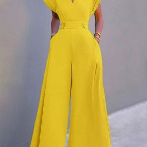 Plain Vacation Regular Fit Jumpsuit, Jumpsuits, color:Yellow|size:XS, Stylewe