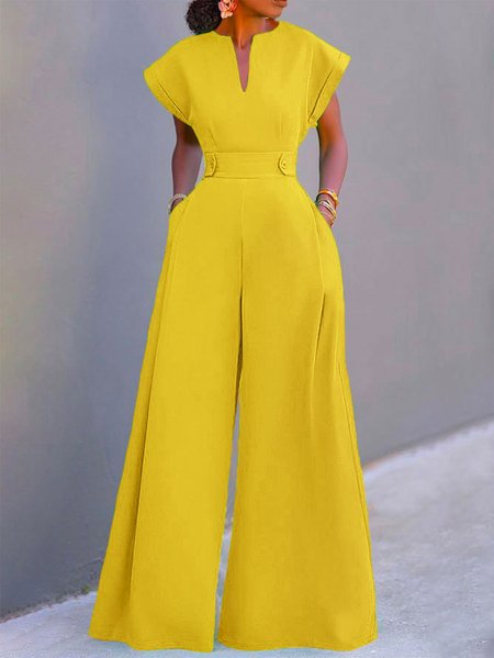Plain Vacation Regular Fit Jumpsuit, Jumpsuits, color:Yellow|size:XS, Stylewe