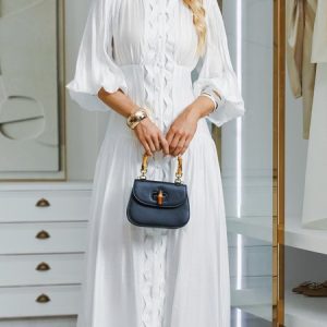 Elegant Regular Fit Stand Collar Dress, Maxi Dresses, color:White|size:XXL, Stylewe