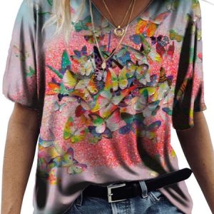 Women's Casual Butterfly Flower Pattern Short Sleeve T-Shirt Urban Daily Clothing, T-Shirts, color:As Picture|size:XXL, JustFashionNow