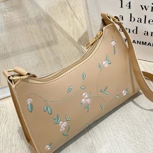 Urban Casual Floral Embroidered Leather Shoulder Bag Daily Commuting, Bags, color:Khaki|size:One-size, Stylewe