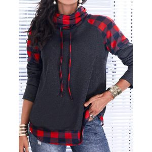 Casual Plaid Print Cowl Neck Long Sleeves Sweatshirt, women tops, , COTOSEN, Apparel Online, Cheap Clothes, Buy Now