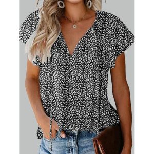 Floral Casual V-Neck Loose Short Sleeve Blouse, women tops,  COTOSEN