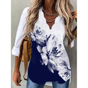 Casual Vintage Print V-Neck Long Sleeve Shirt, women tops,  COTOSEN