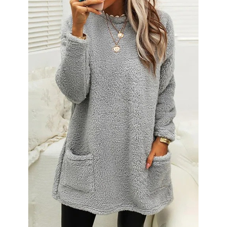 Casual Loose Solid Color Plush Long Sleeve Sweatshirt, women tops, COTOSEN