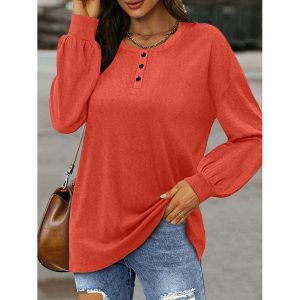 Casual Loose Solid Color Button Crew Neck Long Sleeve T-Shirt, women tops, , COTOSEN, Apparel Online, Cheap Clothes, Buy Now