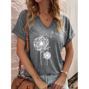 Casual Dandelion Print V Neck Short Sleeve T-Shirt, women tops, COTOSEN