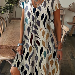 Casual Floral Regular Fit V Neck Dress, Dresses, color:Multicolor|size:XXL, JustFashionNow