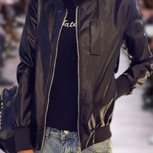 Long Sleeve Plain Zipper Regular Loose Leather & Faux Leather For Women, Jackets, color:Black|size:XL, Noracora