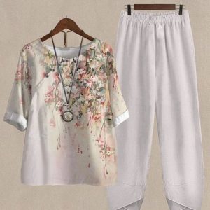 Casual Crew Neck Floral Cotton And Linen Two-Piece Set, Suit Set, color:Multicolor|size:XXL, JustFashionNow