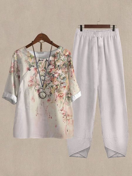 Casual Crew Neck Floral Cotton And Linen Two-Piece Set, Suit Set, color:Multicolor|size:XXL, JustFashionNow
