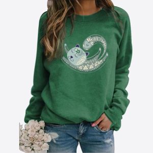 Casual Paisley Cat Pattern Long Sleeve Pullover Sweatshirt Everyday Versatile Women's Clothing, Sweatshirts & Hoodies, color:Green|size:XXL, JustFashionNow