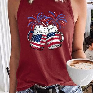 Women's Red White Blue Beer Mugs Clinking American Flag 4th Of July Gift Letters Casual Tank Top, color:Wine Red|size:3XL, Lilicloth.com