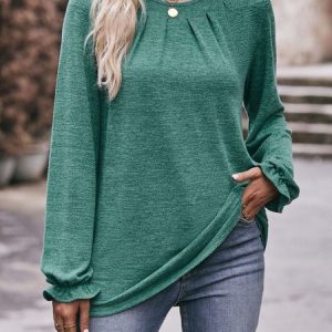 Casual Plain Crew Neck Long Sleeve T-shirt, T-shirts, color:Green|size:XXL, Noracora