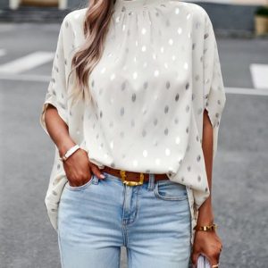 Half Sleeve Polka Dots Regular Loose Shirt For Women, Blouses, color:Apricot|size:XL, Noracora