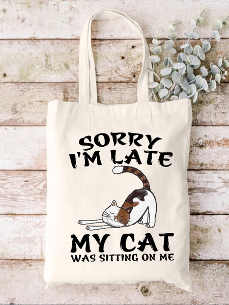 Women's Funny Cat Sorry I'm Late My Cat Was Sitting On Me Casual Shopping Tote, color:White|size:One-size, Lilicloth.com