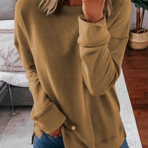 JFN Long Sleeve Loose Fit Crew Neck Solid Long Sleeve Top, Sweatshirts & Hoodies, color:Khaki|size:XXL, JustFashionNow