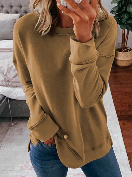 JFN Long Sleeve Loose Fit Crew Neck Solid Long Sleeve Top, Sweatshirts & Hoodies, color:Khaki|size:XXL, JustFashionNow