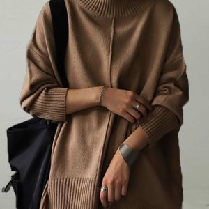 Solid Long Sleeve Turtleneck Wool Blend Sweater, Sweaters, color:Coffee|size:XXL, JustFashionNow