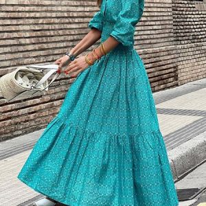 Regular Fit Boho Three Quarter Sleeve Dress, Maxi, color:Lake Blue|size:XL, Noracora