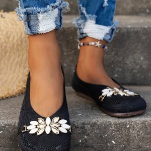 Women Rhinestone Decor Breathable Shallow Shoes, Flats, color:Black|size:43, JustFashionNow