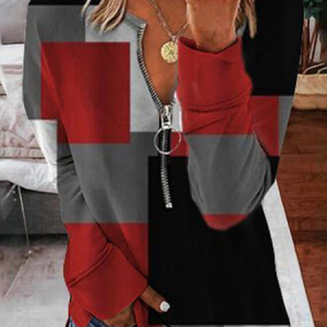 Shawl Collar Color Block Casual Regular Fit Top, Shirts & Blouses, color:Red|size:XXL, JustFashionNow