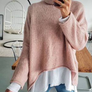 Long Sleeve Turtleneck Shift Tunic Sweater Knit Jumper, Sweaters, color:Pink|size:3XL, Noracora