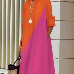 Midi Long sleeve Regular Fit Color Block Shirt Collar Dress, Midi Dresses, color:Rose Red|size:XS, Stylewe
