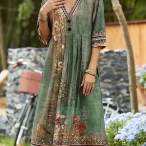 Floral  V Neck Casual Jersey Dress, Dresses, color:Blue|size:XXL, JustFashionNow