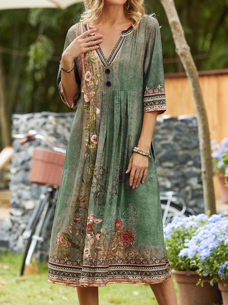 Floral V Neck Casual Jersey Dress, Dresses, color:Blue|size:XXL, JustFashionNow