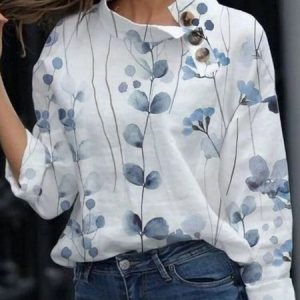 Floral Loose Stand Collar Casual Shirt, Shirts & Blouses, color:White|size:XXL, JustFashionNow