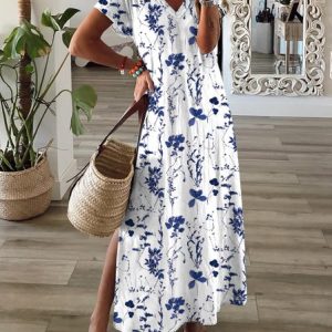 Floral V Neck Short Sleeve Casual Dress, Floral Dresses, color:White|size:XXL, JustFashionNow