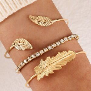 Feather Leaf Cuff Rhinestone Bracelet Set, Bracelets, color:Golden|size:One-size, JustFashionNow