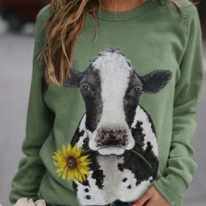 Casual Crew Neck Animal Sweatshirt, Hoodies & Sweatshirts, color:Green|size:3XL, Noracora