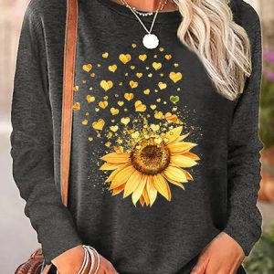 Women's Sunflower Heart Crew Neck Simple Regular Fit Long Sleeve Top, color:Gray|size:3XL, Lilicloth.com