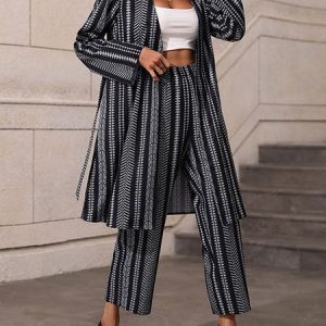 Casual Striped Shawl Collar Regular Fit Two-Piece Set, Suit Set, color:Deep Gray|size:3XL, JustFashionNow