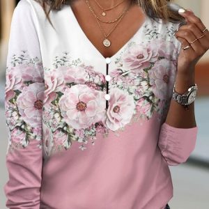 Casual Floral V Neck Long Sleeve T-shirt, T-shirts, color:Pink|size:XXL, Noracora